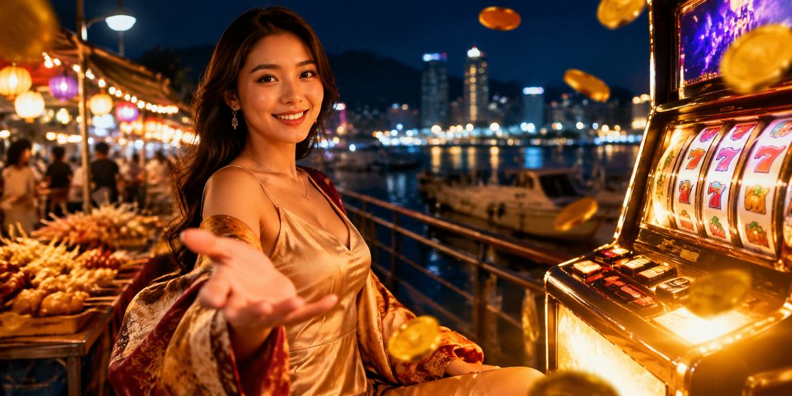 Màn hình Slots game rực rỡ trong khung cảnh chợ đêm Nha Trang về đêm